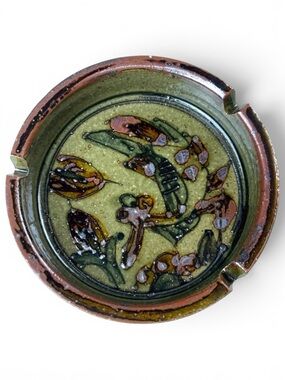 Vintage Otagiri‎ Japan Green Stoneware Floral Ashtray Trinket Dish MCM